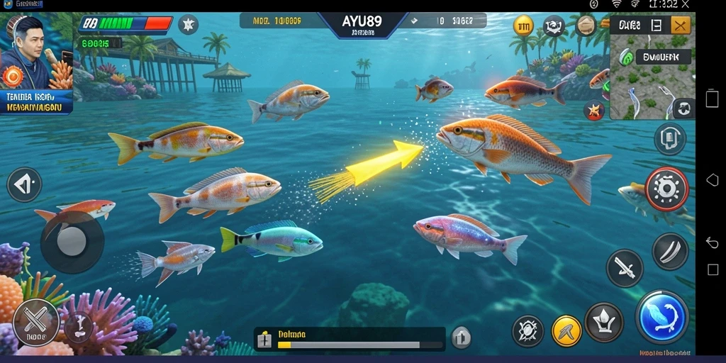 Screenshot AYU89 menunjukkan aksi menembak ikan yang mendebarkan.