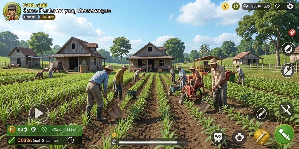 Tangkapan layar gameplay CORLA188 dengan pertanian yang luas dan hewan ternak.