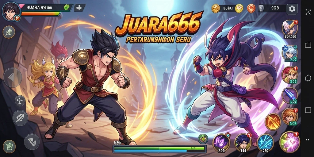 Screenshot utama JUARA666 menampilkan pertarungan epik antara karakter Anime.