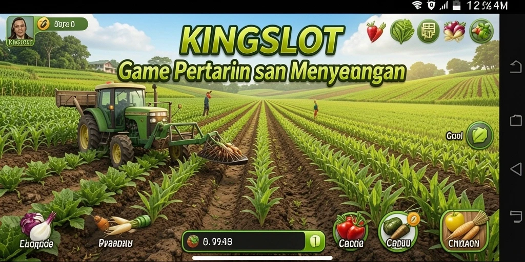 Tampilan gameplay KINGSLOT dengan aktivitas bertani yang seru.