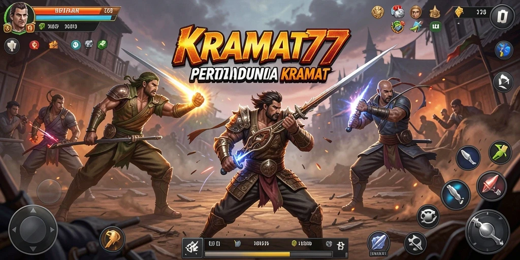 Screenshot gameplay KRAMAT77 menampilkan pertarungan seru antara karakter-karakter unik.