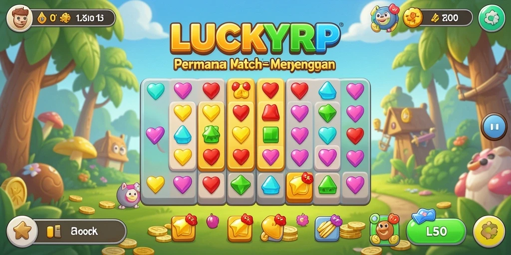 Tampilan gameplay LUCKYRP dengan beragam elemen berwarna cerah.