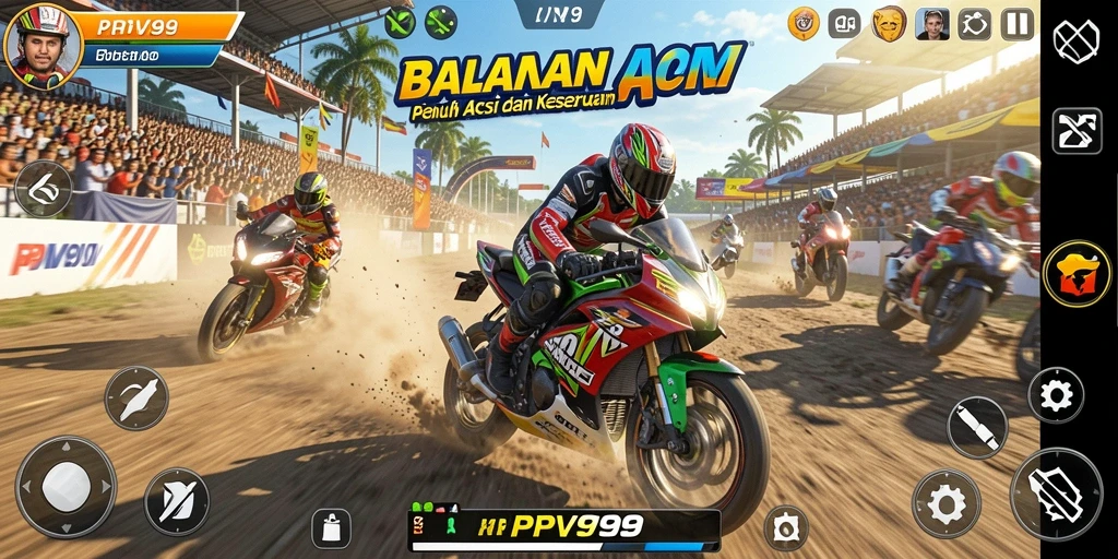 Screenshot gameplay PPV99 menunjukkan aksi balapan motor yang intens dan menarik.