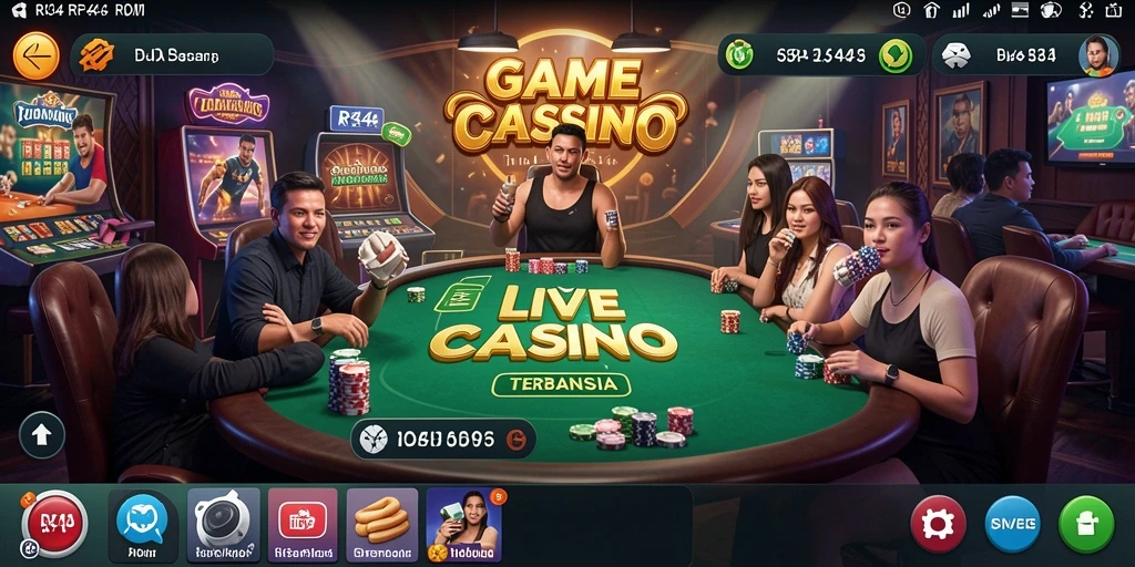Screenshot gameplay RR44 dengan dealer langsung dan suasana kasino yang hidup.